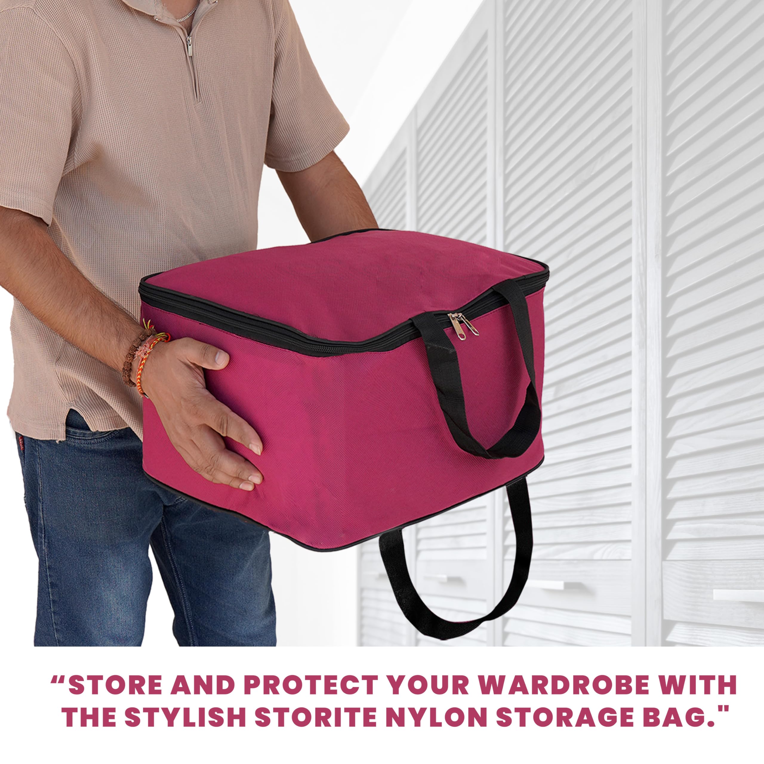 Storite Non-Woven 5 Pack Nonwoven Mini Storage Bag Cloth Organizer With Zippered Closure And Handle (41X35X23.5 Cm, Magenta) Rec